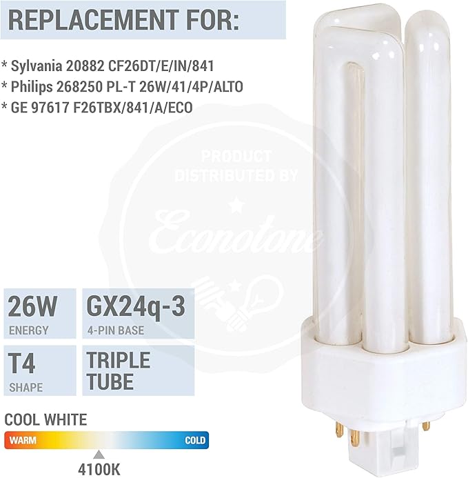 KOR (4 Pack) K20788 - PL26W/3U/4P/841 - Compact Fluorescent Plug-in - T4 - Triple Tube - 26 Watt - 4-Pin (GX24q-3) - 4,100 Kelvin (Cool White)