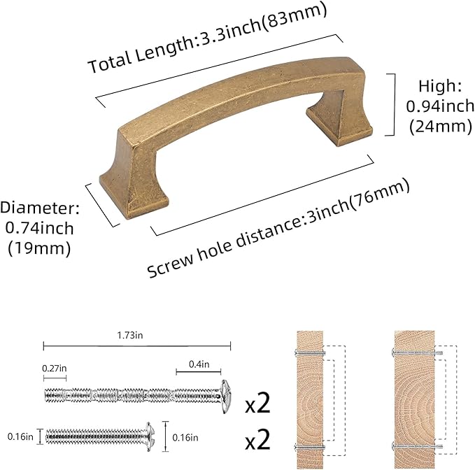COTYKILEY 10 Pack 3Inch(76mm) Antique Brass Kitchen Cabinet Handles Cabinet Pulls Vintage Drawer Pulls Aged Gold Bronze Kitchen Cabinet Hardware