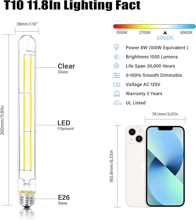 11.8IN 1000LM 5000K Daylight White Light Bulbs E26 Base, T10 T9 Edison Bulbs Dimmable 8W, AC 120V 100 Watt Equal Filament Bulb, Vintage Clear Glass Long Tubular LED Bulb, UL Listed - 2Pack