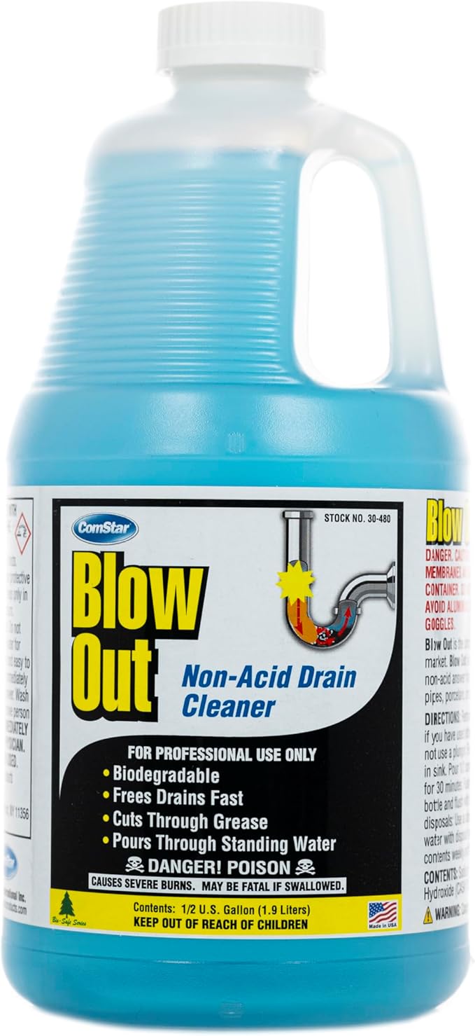 ComStar Blow Out, Non-Acid Liquid Drain Cleaner, Industrial Strength Formula for Fast Unclogging, Dissolves Hair Grease Soap & Organic Build-Up, Safe for Pipes, Septic, Porcelain, 1/2 Gallon (30-480)