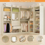 Unikito 110” Closet System with Drawers, 9.3FT Corner Closet Organizer with 4 Hanging Rods, Reversible Large Wood L Shaped Walk in Closets Wardrobe with Shoe Shelves, Set of 4, White Oak