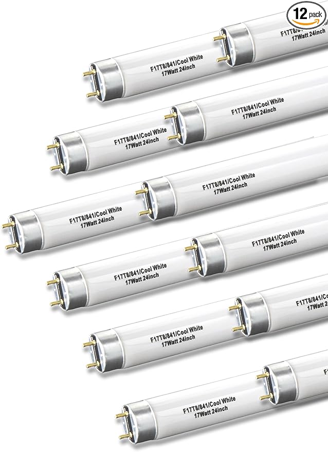 (12 Pack) 24 inch F17T8/841 Fluorescent Light Bulb,2ft 17Watts 4100K Cool White T8 Linear sp841 Tube, G13 Medium Bi-Pin Base