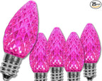 Wintergreen Lighting OptiCore C7 LED Christmas Light Bulbs - 25 Pack Heavy Duty Premium Outdoor Christmas Lights, E12 Base (Pink Faceted)