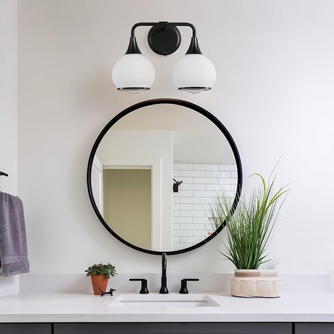 Black Bathroom Light Fixtures 2 Lights Vanity Lights with Milky White Frosted Glass Shade Bathroom Vanity Light 14 inch Wall Sconce Lighting Bath(Exclude E26 Bulb)