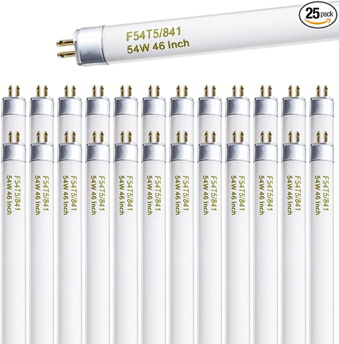 F54T5/841/HO 54W T5 HO Fluorescent Tube Light, 46 Inches T5 54 Watt Fluorecent Bulb, F54T5/841/CW, 4100K Cool White, 80 CRI, G5 Base 4300 Lumens 25 Pack