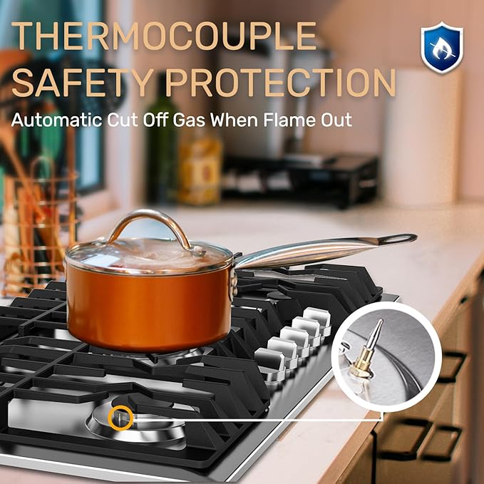 36 Inch Gas Cooktop, Propane Stove Top with 5 ITALY SABAF Sealed Burners 41,800BTU, NG/LPG Convertible Built-in Stainless Steel Stovetop with Thermocouple Protection for Rvs Kitchen Outdoor