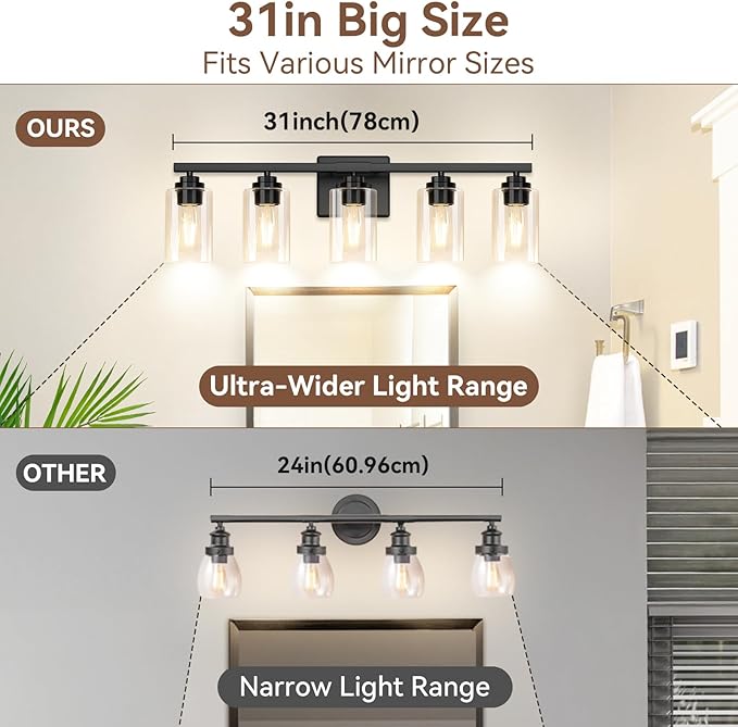 5-Light Bathroom Light Fixtures, 31" Modern Vanity Lights Over Mirror with Clear Glass Shades, Matte Black Light Fixture, Classic Wall Light Fixture for Mirror Living Room Cabinet Bedroom Porch