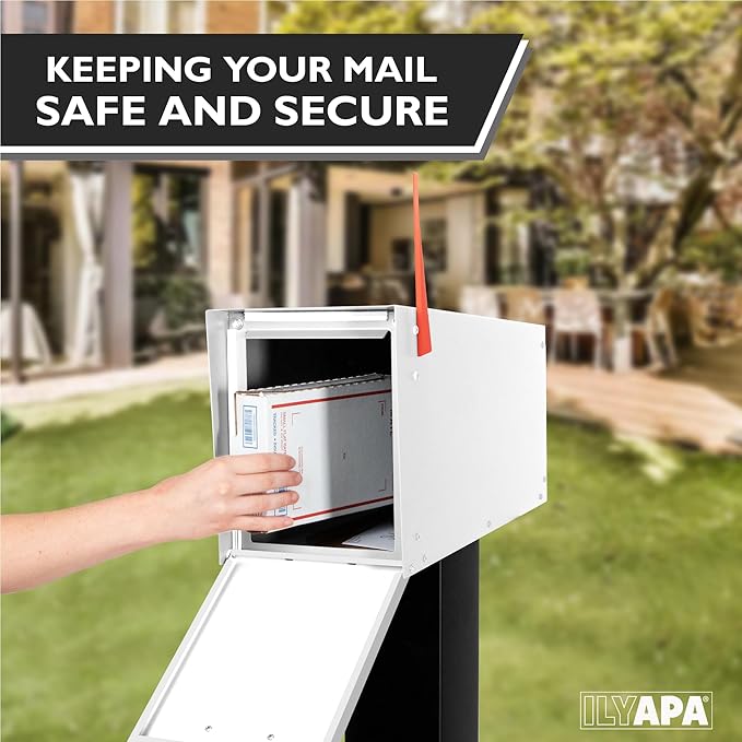 Ilyapa Modern Mailbox for Post Mount - White with White Door Powder Coated Steel, Waterproof Letter Box for Parcels, with Recessed Magnetic Close Door