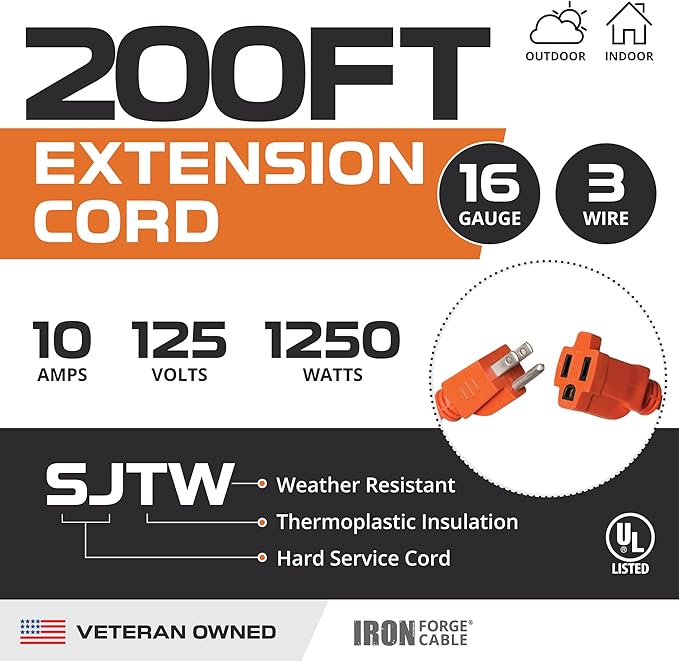 Iron Forge Cable Weatherproof 200 Ft Outdoor Extension Cord - 16/3 SJTW 10 Amp Heavy Duty Highly Visible Orange Extension Cord 3 Prong - Lighted End
