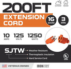 Iron Forge Cable Weatherproof 200 Ft Outdoor Extension Cord - 16/3 SJTW 10 Amp Heavy Duty Highly Visible Orange Extension Cord 3 Prong - Lighted End
