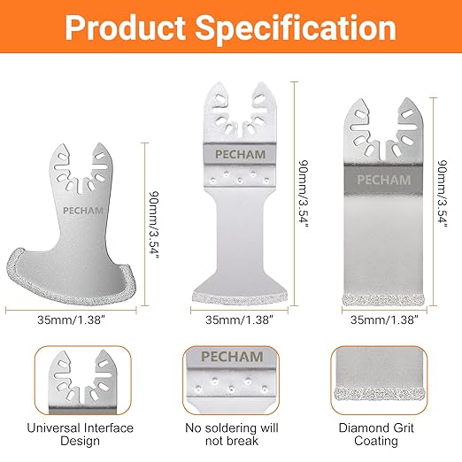 PECHAM 9PCS Diamond Oscillating Tool Blade, Multi Tool Blades Kits for Grout Removal and Soft Tile Cut, Fit Porter Cable Black & Decker Rockwell Ridgid Ryobi Milwaukee Chicago Craftsman