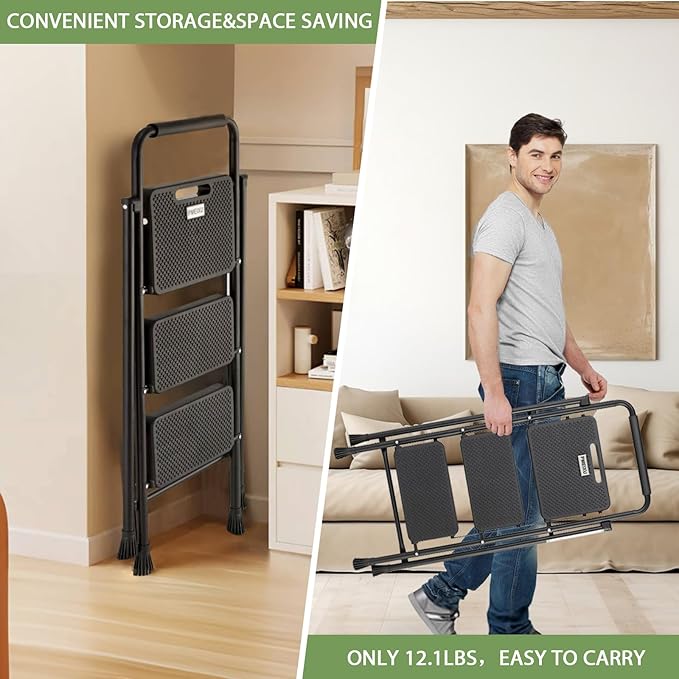 3 Step Ladder, Folding Step Stool 500 Lbs Capacity for Adults & Kids, Heavy Duty Steel Sturdy Step Ladder with Non Slip Wide Pedals, Space Saving Step Stool for Home Kitchen Office Library, Black