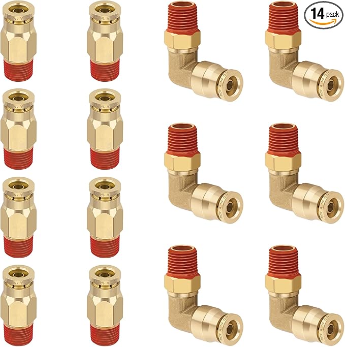 1/4” Quick Push to Connect Fittings Brass Male Straight and Elbow Combination DOT Approved 1/4" Tube OD x 1/8" NPT Thread Air Brake Line Adapter Air Suspension Kit Air Hose Repair Kit 14pcs