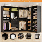 Unikito 110” Closet System with Drawers, Corner Closet Organizer with 4 Hanging Rods and Mirror Design, 9.3FT Reversible Large Wood L Shaped Walk in Closets Wardrobe with Shoe Shelves, Set of 4, Black