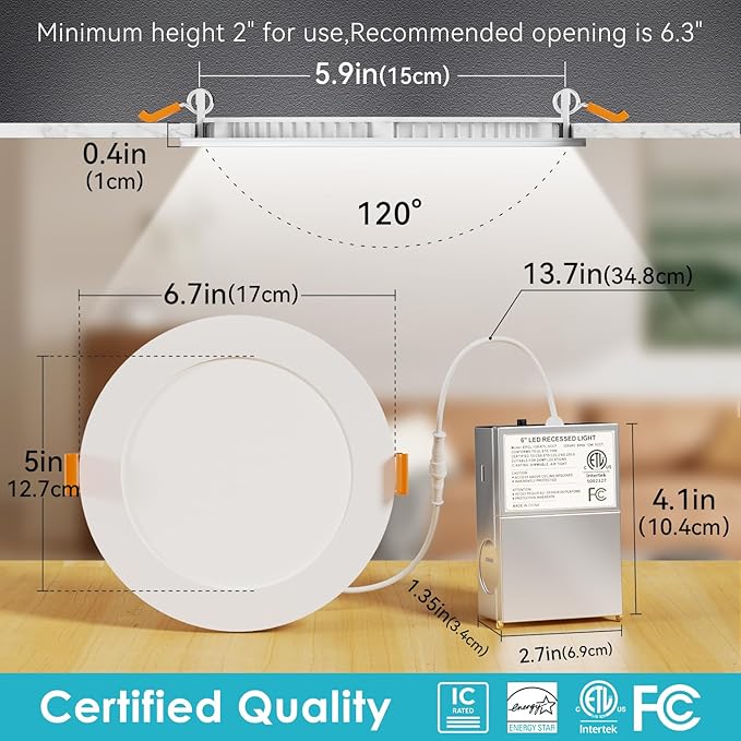 VOLIVO 6 Inch LED Recessed Ceiling Lighting 24 Pack, 5CCT Ultra-Thin Canless Downlight with Junction Box, Dimmable Wafer Lights 12W=110W, 1050LM High Brightness, Adjustable 2700K-5000K, ETL&FCC&IC