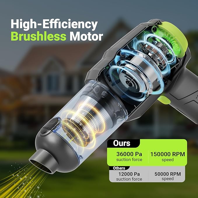 Cordless Car Vacuum Cleaner, 36000PA High Power Suction, 120W Portable Handheld Vacuum with 2×3.0Ah Batteries, Multi-Nozzle Air Duster for Car, Home, Office, Pet Hair