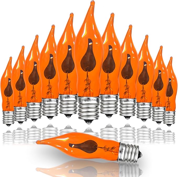 12 Pack C7 Flickering Flame Light Bulbs Orange Fall Lights Bulb - E12 Flickering Flame Bulb, Ideal as Fall Christmas Halloween Candle Light Bulbs & Replacement Bulbs for String Lights,1W, 120V