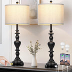 Farmhouse Table Lamps Set of 2, 27" Black Vintage Bedside Lamps with USB A+C Charging Ports, 3-Way Dimmable Touch Control Rustic Nightstand Lamp for Living Room Office(Bulbs Included)