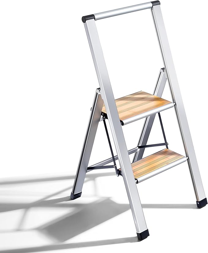 Step Ladder 2 Step Folding, Decorative - Beautiful Bamboo & Silver Aluminum, Ultra Slim Profile, Anti Slip Steps, Sturdy-Portable for Home, Office, Kitchen, Photography Use,by SORFEY