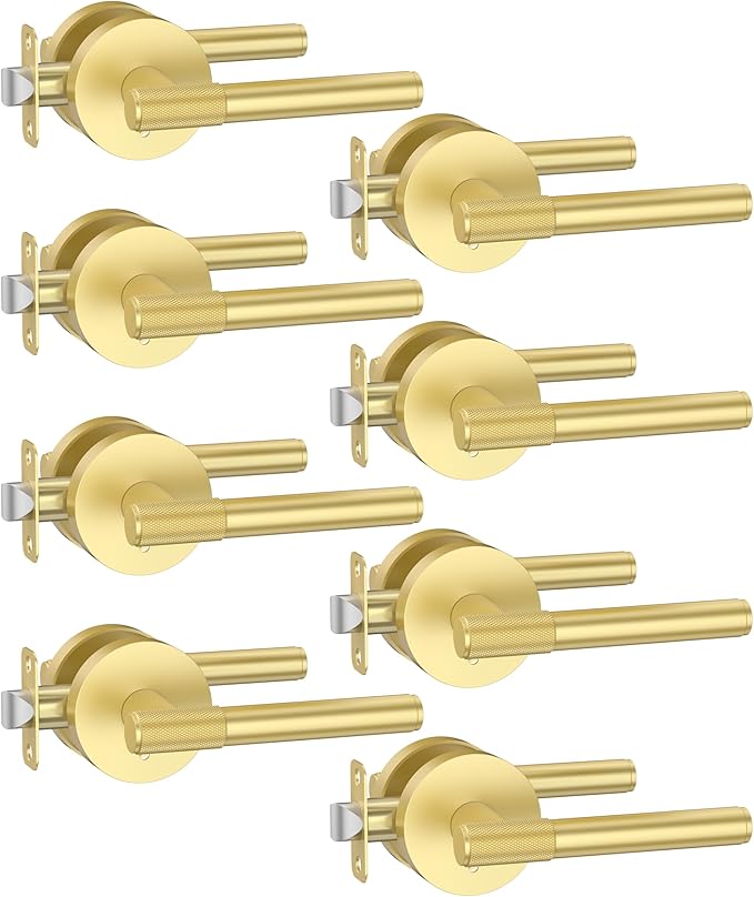 Asidrama 8 Pack Privacy Gold Door Knob with Lock, Brushed Gold Door Handles Interior for Bedroom or Bathroom, Heavy Duty Door Lever with Reversible Interior Door Handle for Left Right Sided Doors