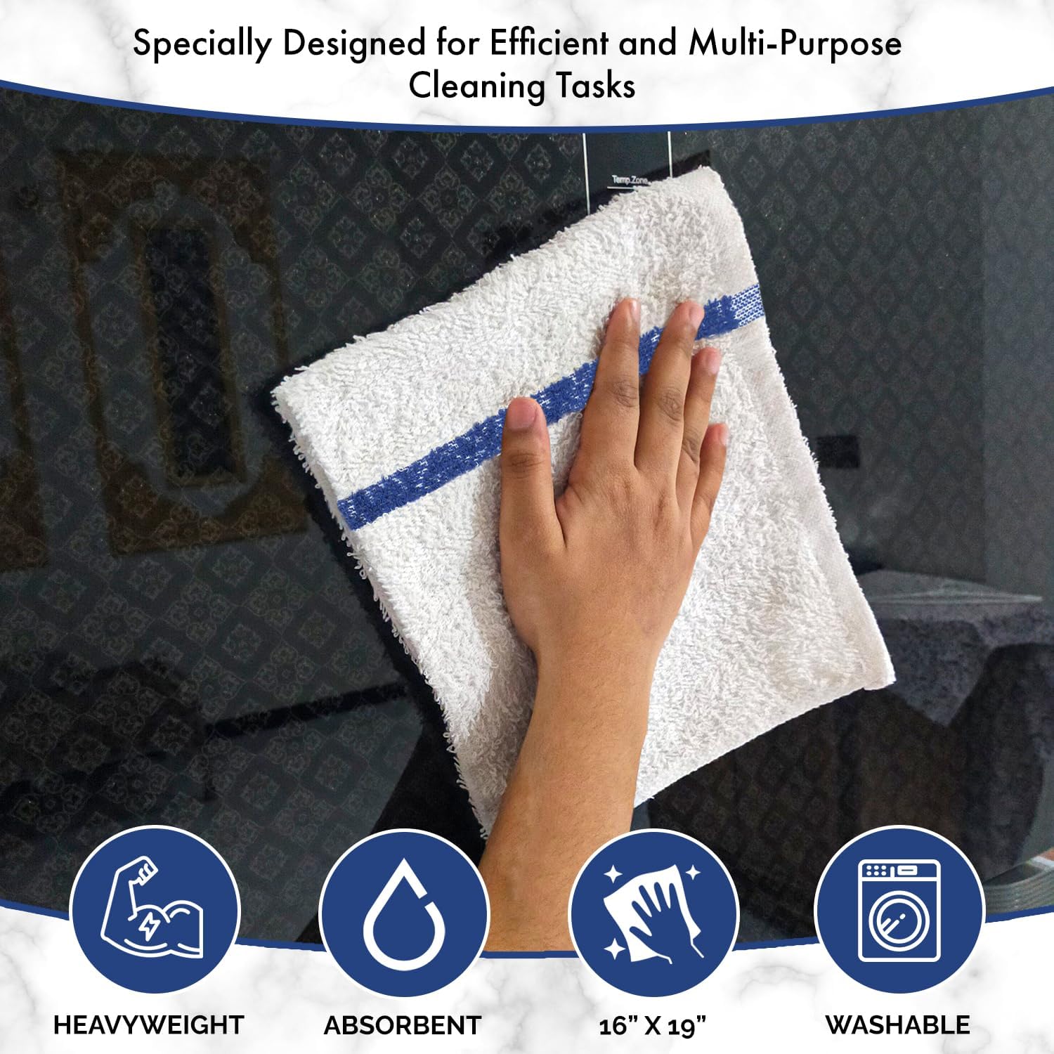 Bar Mops Blue Stripe Pack of 60 Kitchen Towels 16x19 Multi-Purpose for Home, Restaurant and Cleaning White Absorbent Washcloth Dishcloths Sets, Reusable Dish, Cloths Rags