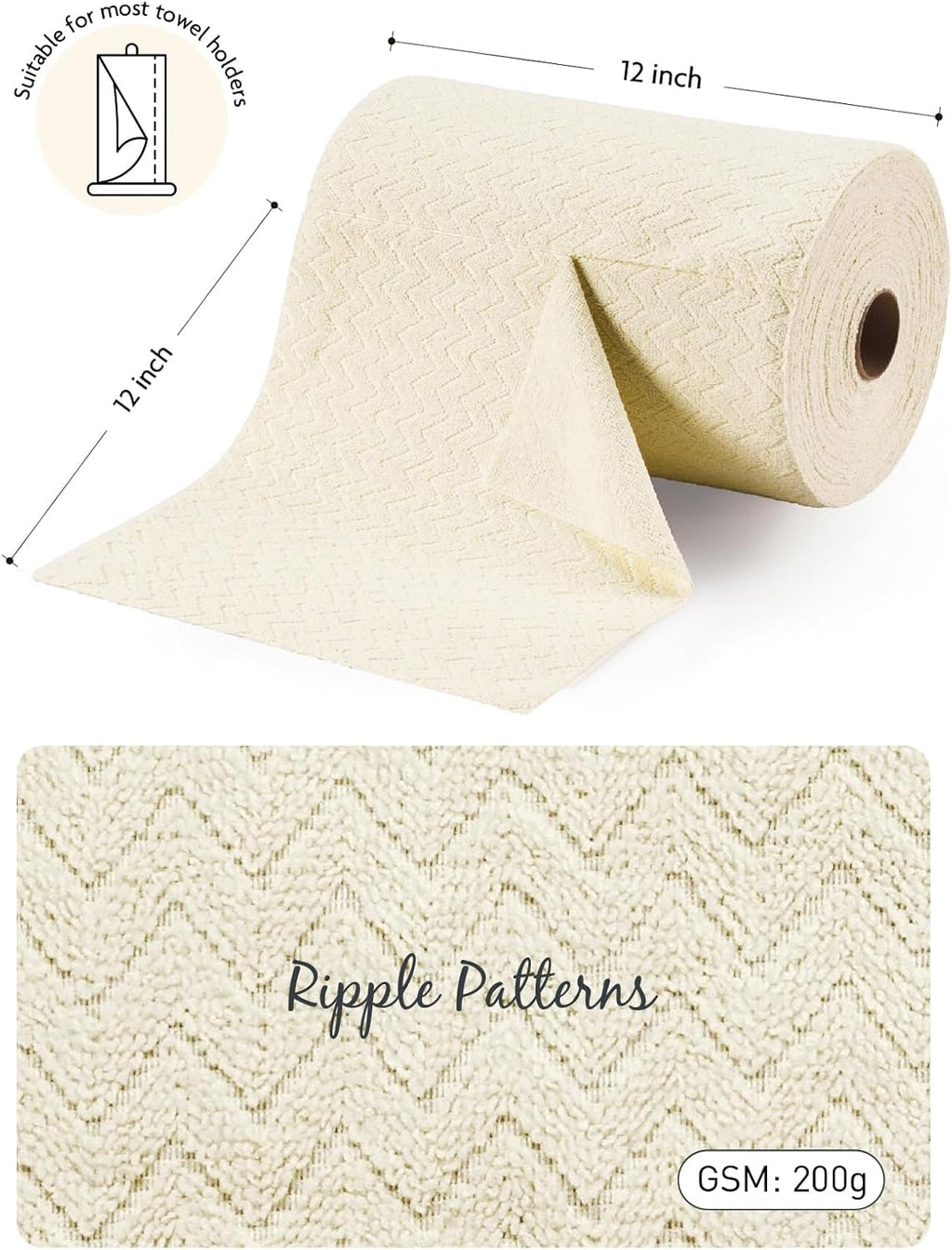 Fantasticlean Microfiber Cleaning Cloth Roll, 12" x 12"- 75 Sheets, Reusable Tear Away Microfiber Towels, Ultra Absorbent Dish Rags for Car, Home or Office (Beige Ripple)