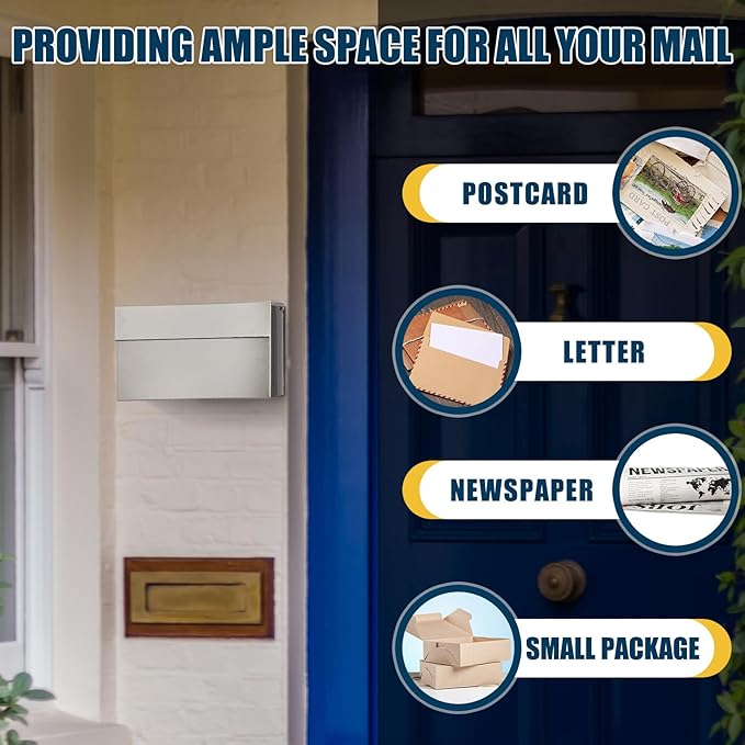 Stainless Steel Mailboxes for Outside 14.5'' x 7.1'' x 3.75'' Wall Mounted Large Capacity Mailbox Silver Rust Proof and Rainproof Steel Drop Box