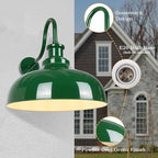 Outdoor Gooseneck Barn Light, 14 Inch Dome Rustic Outdoor Wall Sconce, Farmhouse Exterior Wall Mount Lighting Fixture, Industrial Green Wall Lantern for Porch, Entryway, Garage, RZ007M GR+WH