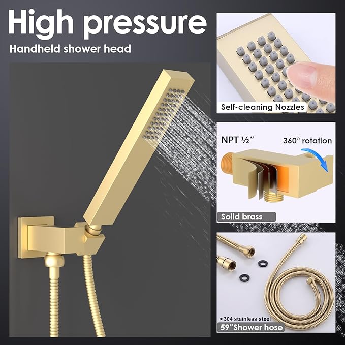 Enga 10 Inch + Dual 6-Inch Rain Shower System, Four Modes Diverter Shower Faucet with Handheld, Luxury Rain Mixer Shower Combo Set, Brushed Gold