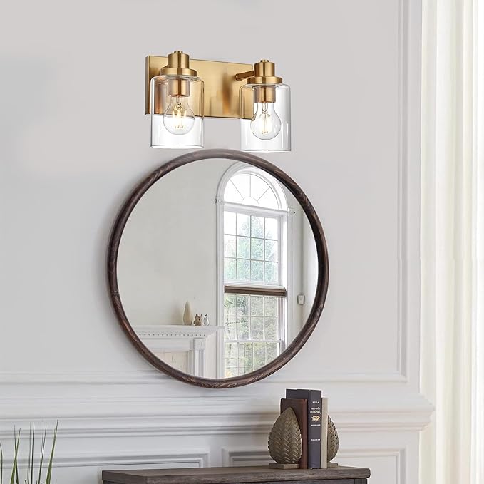 2 Light Bathroom Vanity Lights Brushed Brass Bathroom Lighting Fixtures over Mirror with Clear Glass Shade, Vintage Gold Vanity Light For Bathoom, Modern Bathroom Wall Vanity Lighting Fixtures