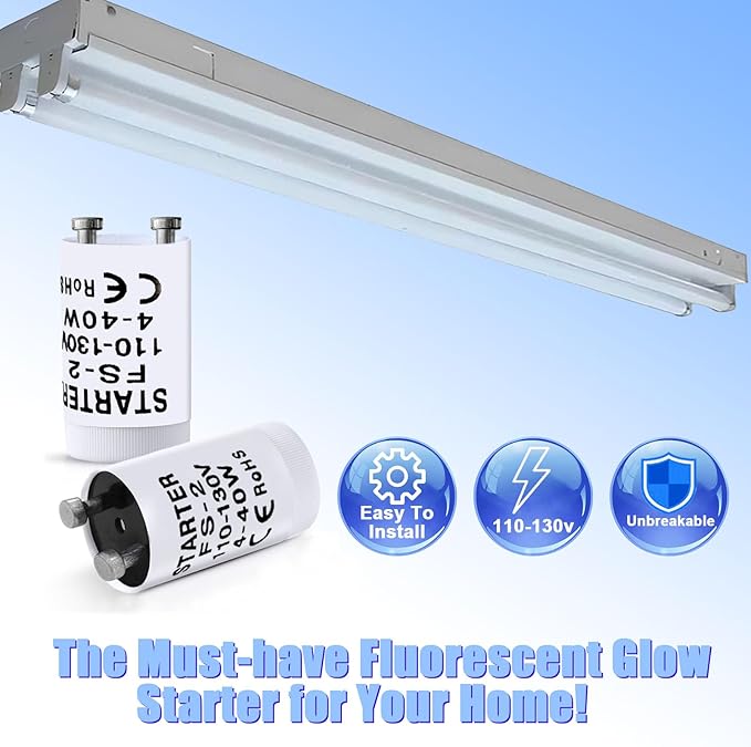 Fluorescent Starter, 4-40W, T8, 10 Count, Indoor, Long Lasting, 1.1E+2V AC, Compatible with GE, FS-2, FS-5, Preheat Fluorescent Lamps