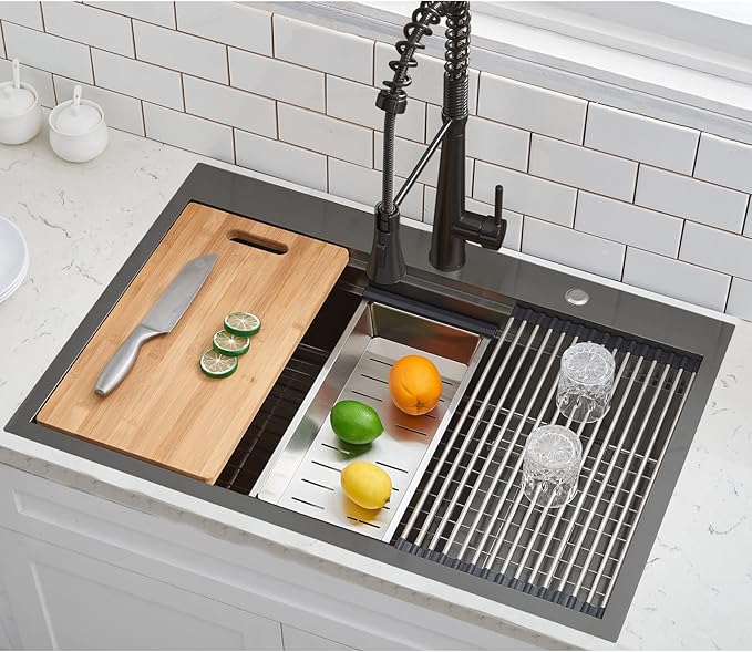 SHACO 33x22 Black Drop In Kitchen Sink, 33 Inch Gunmetal Black Stainless Steel Top Mount Single Bowl Overmount Double Ledges Workstation Sink with Accessories