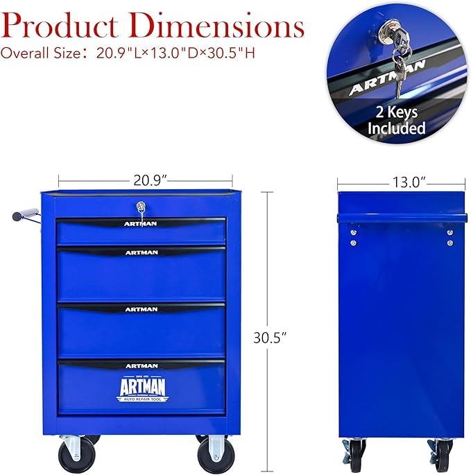 4-Drawer Steel Rolling Tool Cart with Wheels & Handle, Heavy-Duty Tool Chest Storage Cabinet for Garage and Workshop