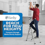 Step Ladder 3 Step Folding, Decorative - Beautiful Gray Wood & Silver Aluminum, Ultra Slim Profile, Anti Slip Steps, Sturdy-Portable for Home, Office, Kitchen, Photography Use,by SORFEY