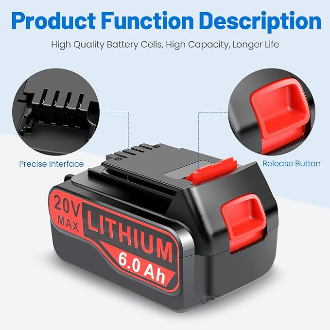 ARyee 4-Pack LBXR20 20V 6.0Ah Replacement for Black and Decker 20V Lithium Battery Compatible with LB20 LBX20 LBXR2020 LBX4020 LB2X4020 LBXR20-OPE LBX4020 LST220 Cordless Power Tools