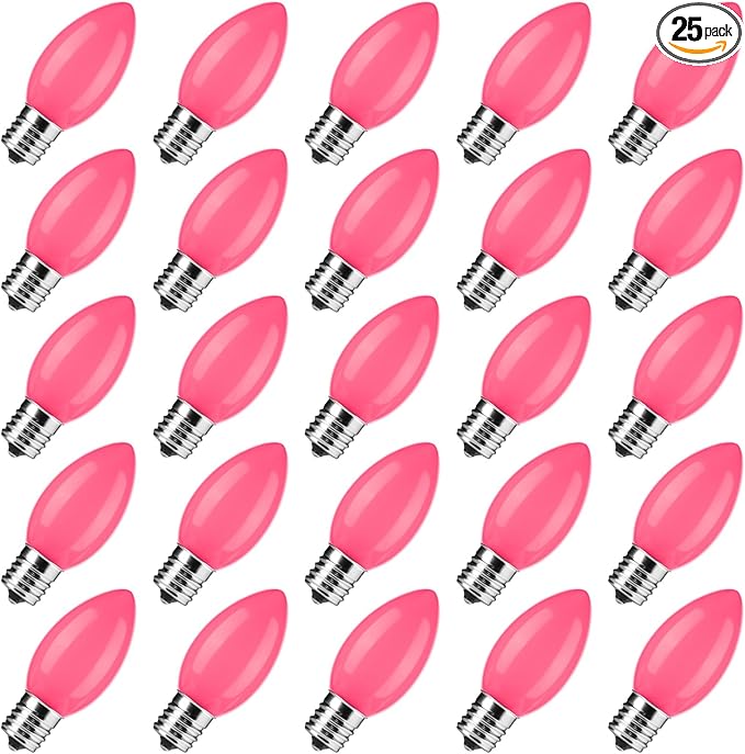 Brightown C9 LED Replacement Christmas Bulbs, 25 Pack Pink Shatterproof C9 Bulbs, Waterproof Commercial LED Holiday Bulb for Christmas String Light, E17 Intermediate Base, Dimmable