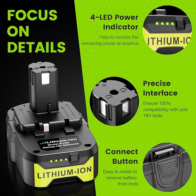 2 Packs P103 18V 3000mAh Lithium Battery Compatible with Ryobi 18V Cordless Power Tools