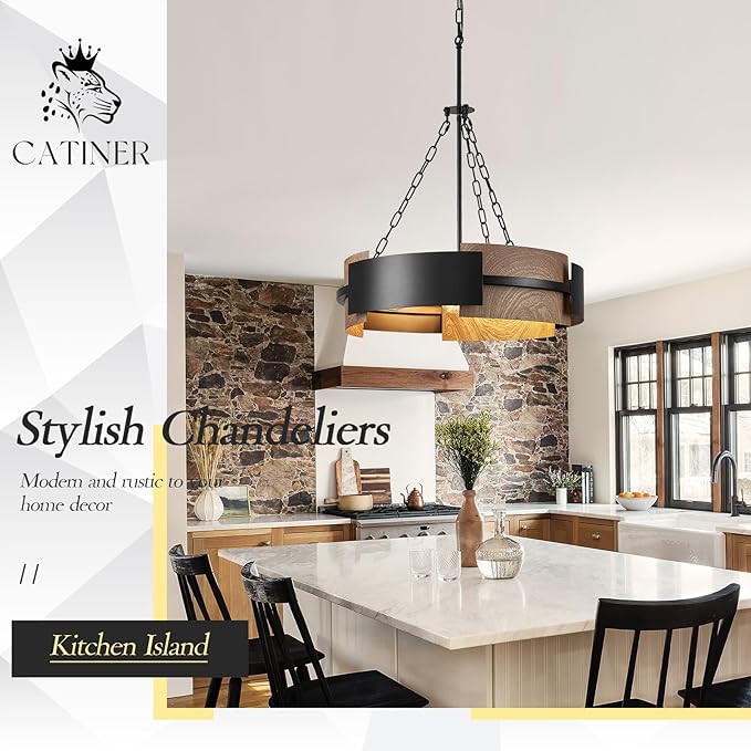 Modern Chandelier 24" Industrial Drum Light Fixture Black Metal 6-Light Hanging Chandelier Walnut Wood Grain for Living Dining Room Foyer Entryway Kitchen