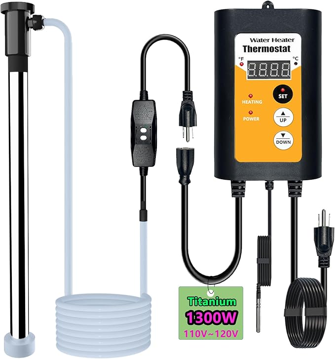 1300W Titanium Immersion Water Heater for Pool and Hot Tub, with Gfci Plug/Thermostat for Bathtub, Inflatable Hot Tub, Small Above Ground Pools, Baptistry, Baptismal Pool Heater