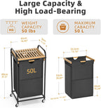 Laundry Hampers 1 Section, Laundry Sorter with Removable Shelf and Pull-Out Bags, Clothes Hampers with Wheels Rolling Cart Basket for Laundry Room Bathroom, 50 L (Black)