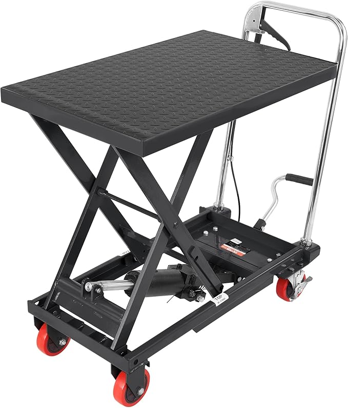 VEVOR Hydraulic Lift Table Cart, 500lbs Capacity 28.5" Lifting Height, Manual Single Scissor Lift Table with 4 Wheels and Non-Slip Pad, Hydraulic Scissor Cart for Material Handling, Black