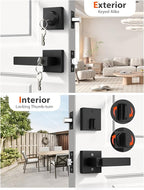 3 Pack Square Keyed Alike Front/Exterior Door Levers with Single Cylinder Deadbolt, Flat Black Entry Door Knob Lock Set with Deadbolt Combination Sets, for Entrance/Front and Office Doors