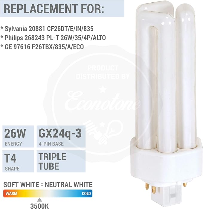 KOR (Pack of 4 26 Watt Triple Tube - GX24Q-3 (4 Pin) Base -3500K White - CFL Light Bulb - Philips 268243 PL-T 26W/35/4P/ALTO - GE 97616 F26TBX/835/A/ECO