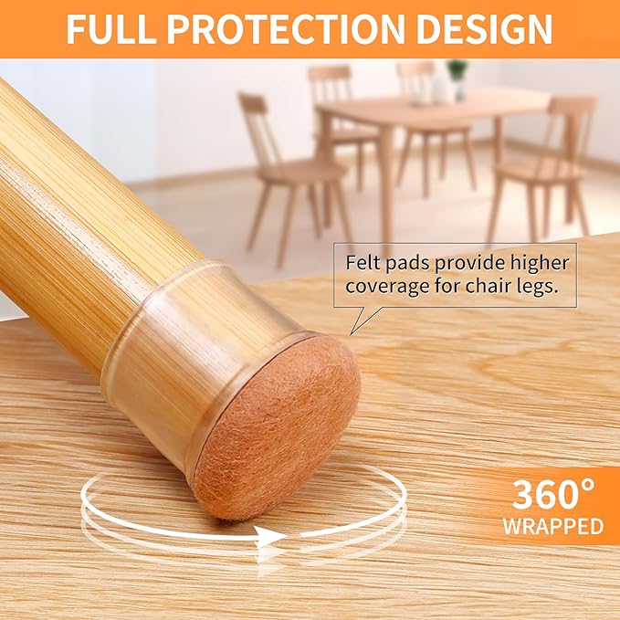 Ezprotekt 8 Pcs Extra Large Chair Leg Protectors with Felt, Silicone Felt Furniture Pads, Floor Protectors for Chair, Bar Stools Leg Protectors Caps, Table Leg Cups Covers (XL Fit: 1.4"-1.65", Clear)