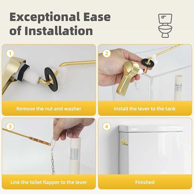 iFealClear Polished Gold Universal Side Mount Toilet Tank Flush Lever Replacement, Toilet Handle Replacement Kit with Stainless Steel Flapper Chain, Solid Brass Angle Mount Toilrt Trip Lever
