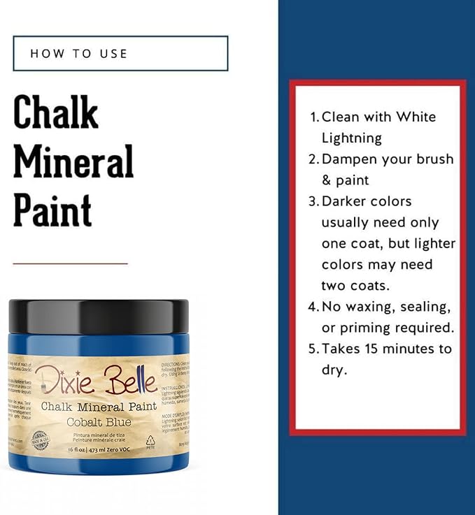 Dixie Belle Paint Company Chalk Finish Furniture Paint - Cobalt Blue (16oz) - Matte Vibrant Blue Chic Chalk Mineral DIY Furniture Paint