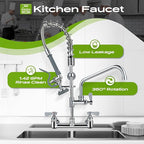 Commercial Sink Faucet with Sprayer 8 Inch Center Wall Mount Kitchen Sink Faucet with 10" Add-on Swing Spout 25" Height Faucet with Down Pre-Rinse Sprayer