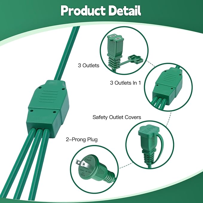 25Ft 3 Outlets Green Outdoor Extension Cords for Halloween Christmas Inflatables Blow Ups Yard Waterproof Outside with Multiple Outlets Extension Cord Power Splitter for Christmas Lights Decorations