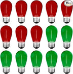 Meconard S14 Colored LED String Light Bulbs,1 Watt Plastic Shatterproof Waterproof Outdoor Indoor Replacement Bulbs for Home Decor, E26 Medium Base, Red Green Light Bulbs, 15Pack