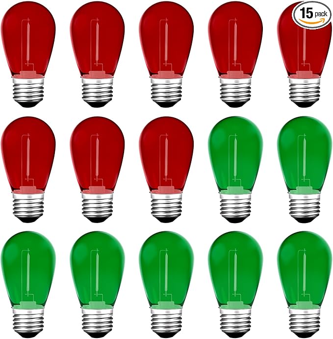 Meconard S14 Colored LED String Light Bulbs,1 Watt Plastic Shatterproof Waterproof Outdoor Indoor Replacement Bulbs for Home Decor, E26 Medium Base, Red Green Light Bulbs, 15Pack